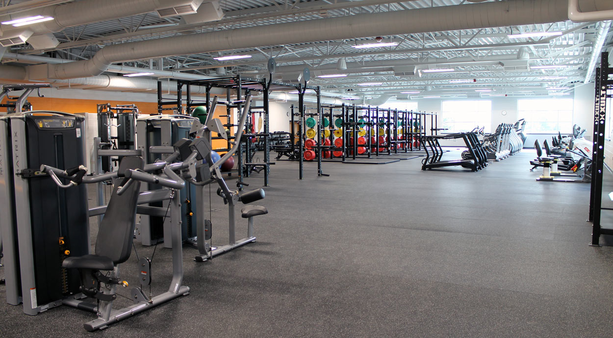 Rows of fitness equipment