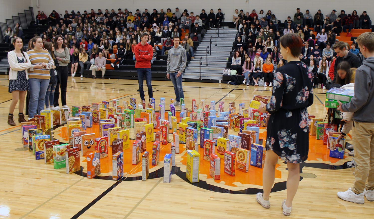 cereal boxes set up in PHS gym