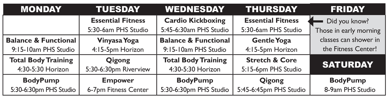 Chart showing fitness classes by day of week