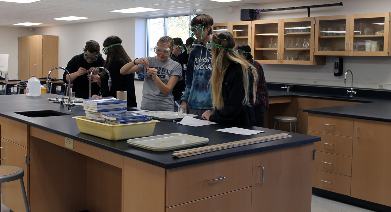 Students examining test  tubes