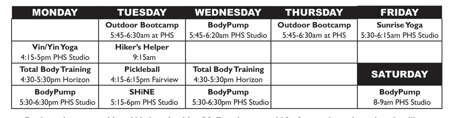 Chart showing fitness classes by day of week