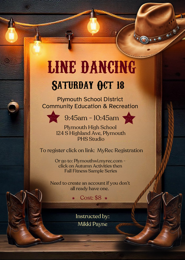 Line Dancing info with image of cowboy hat and boots