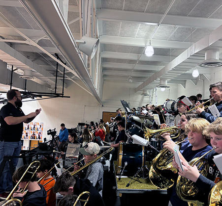 Riverview band students playing with PHS Pep Band