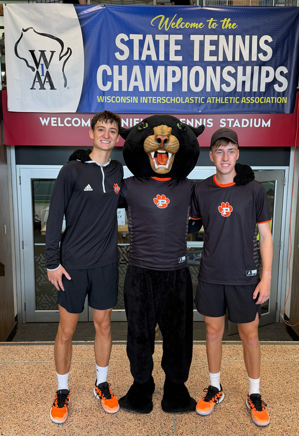 doubles team with Panther mascot under State Tennis Championships banner