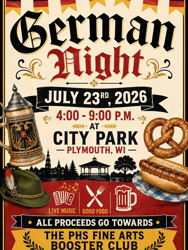 event flier with pretzel, brat, stein, hat, and the info on this webpage