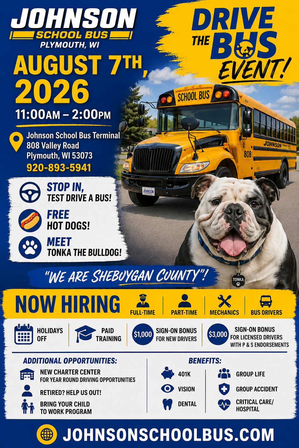 flier with pictures of bus and bulldog, and information about Drive the Bus event
