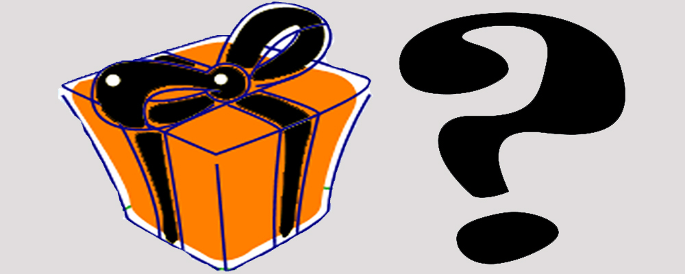 Drawing of a question mark and a present in orange wrap with a black bow
