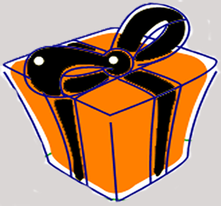 Drawing of a present in orange wrap with a black bow