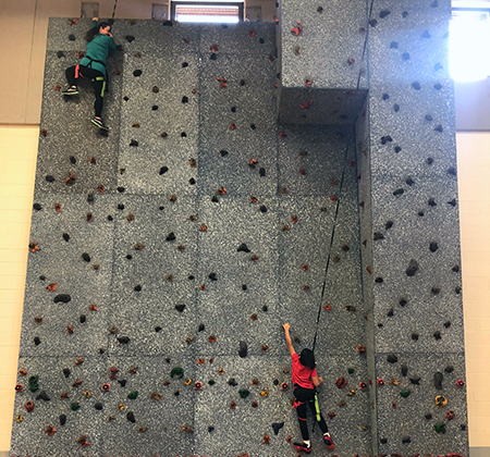 students climbing rock wall