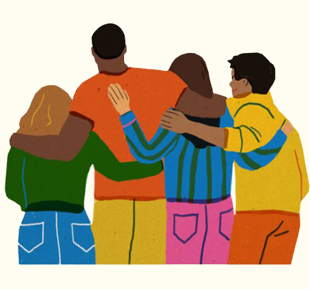 drawing of 4 teens arm in arm