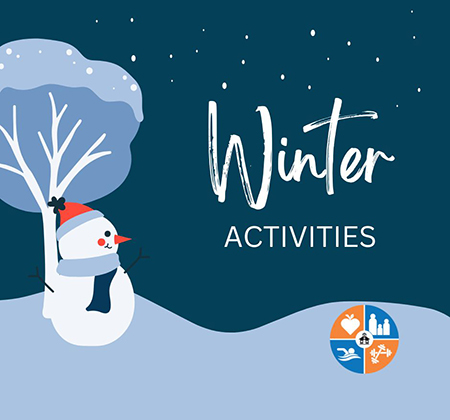 snowman and tree with words winter activities